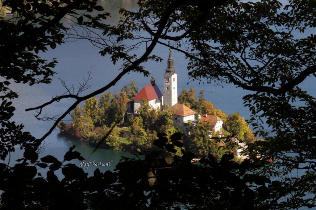 Blejski otok in cerkvica Marijinega vnebovzetja pokuka izza drevja