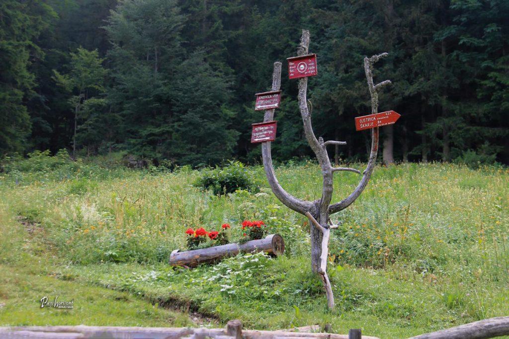 Planinska smerna tabla pri Koči na Klemenči jami