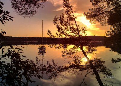 Sončni zahod, zaliv Soline, med drevjem
