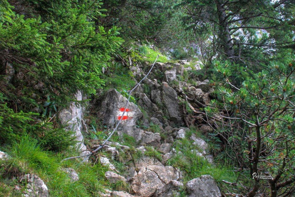 Začetek skalnega odseka z oznako Austria na Pristovškem Storžiču (Kärntner Storschitz)