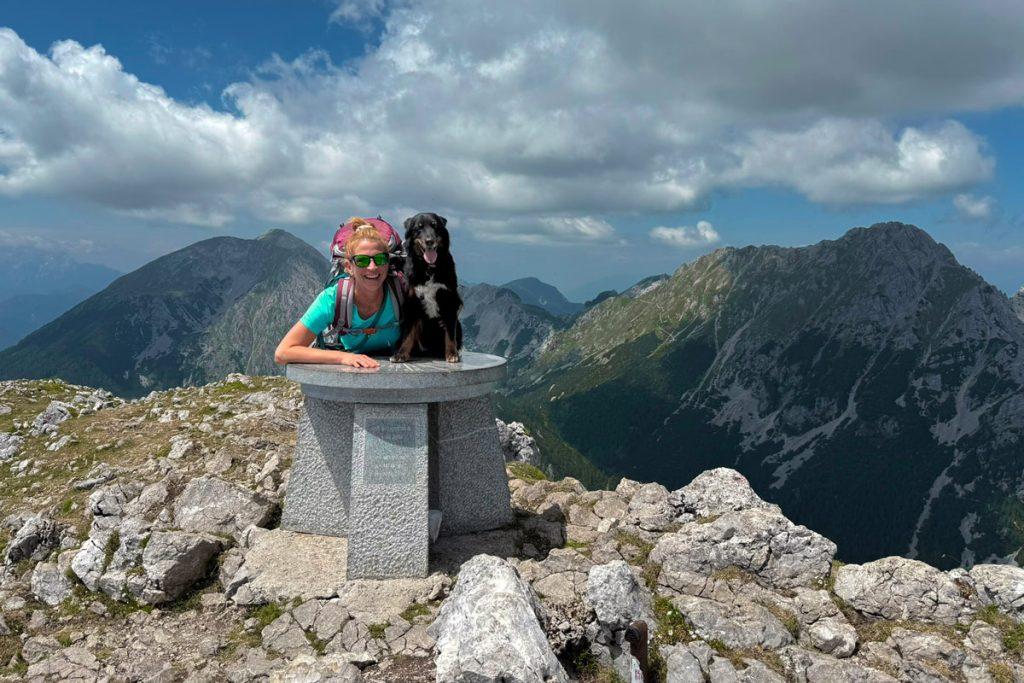 Pes na gorski poti na vrhu Begunjščice med pohodom v hribe