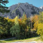 Begunjščica nad jesensko obarvanimi macesni na poti z Ljubelja proti Zelenici