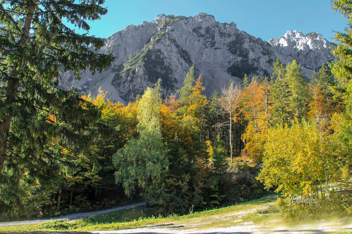 Begunjščica nad jesensko obarvanimi macesni na poti z Ljubelja proti Zelenici