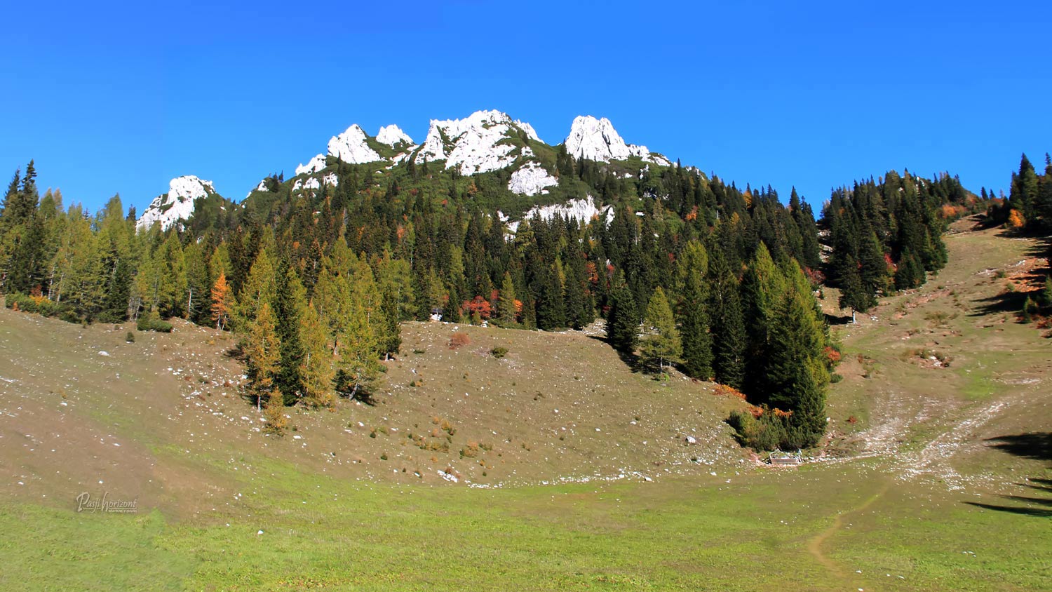 Pogled na skalnati Spodnji Plot nad travniki Zelenice